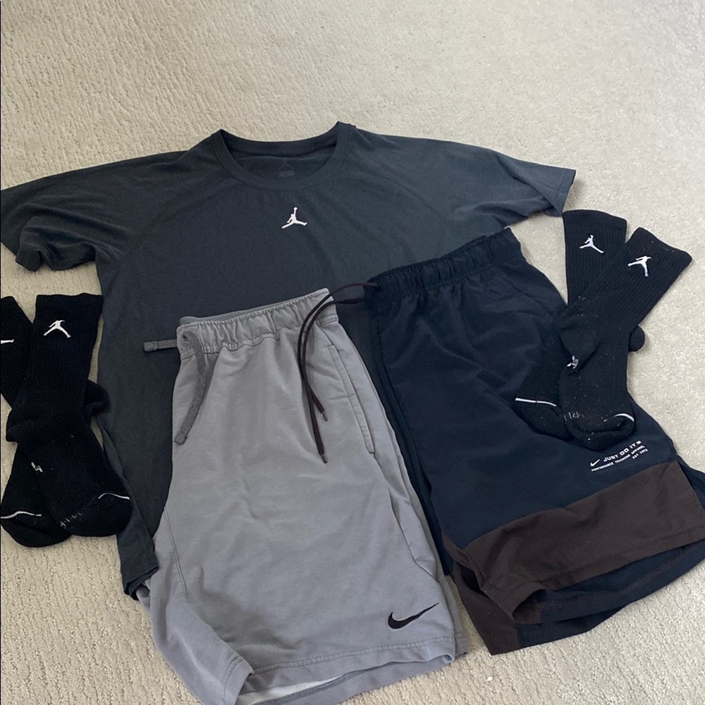 Jordan Black and Gray Athletic Set, Dri-Fit, 2 shorts, 2 socks, 1 shirt.